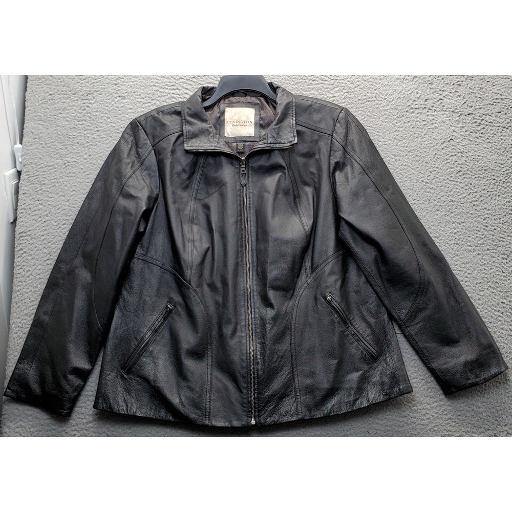 Covington Outerwear Leather Jacket Women 16-18W Black Classic Long Sleeve Zip Up